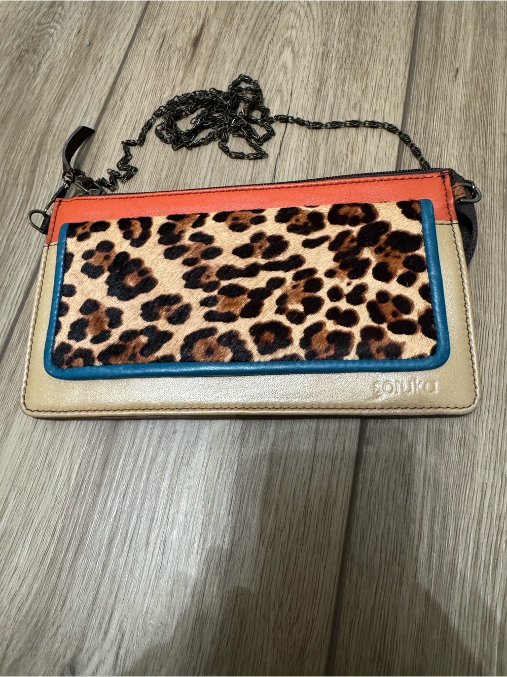 Soniku Leopard Print Crossbody Bag in Beige, Orange and Teal